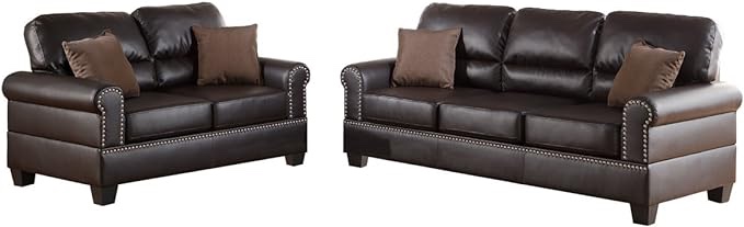 Poundex Bobkona Shelton Bonded Leather 2 Piece Sofa and Loveseat Set, Espresso(incomplete loveseat only)