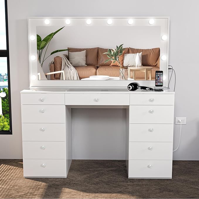 Boahaus Orla Modern Makeup Vanity Desk with Light Bulbs Built-in, USB Port and Power Outlet, 11 Drawers, Hollywood Vanity Mirror, Glam Glass Top Vanity, Crystal Ball Knobs, Big Vanity for Bedroom(incomplete box 2/2)