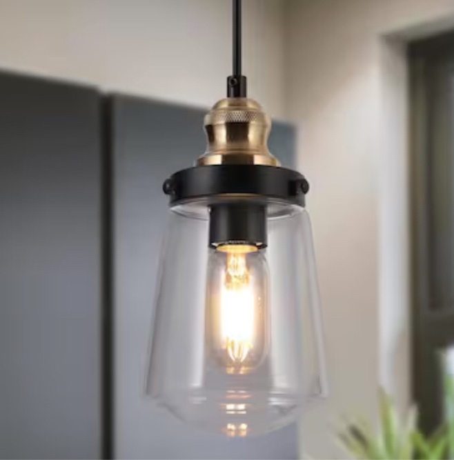 Uolfin Black and Brass Gold Modern/Contemporary Clear Glass Teardrop LED Mini Hanging Pendant