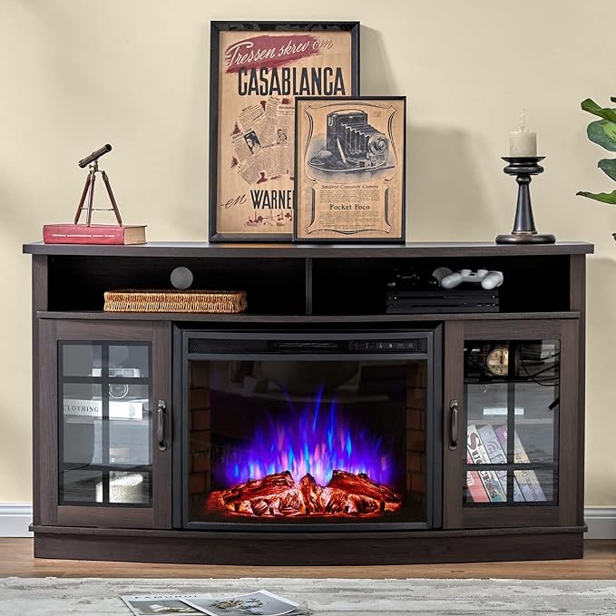 AMERLIFE Curved Fireplace TV Stand with 26'' Electric Fireplace, Media Entertainment Center Farmhouse Glass Door Storage Cabinet, Open Shelve Console Table for TVs up to 65'', Espresso(Incomplete)