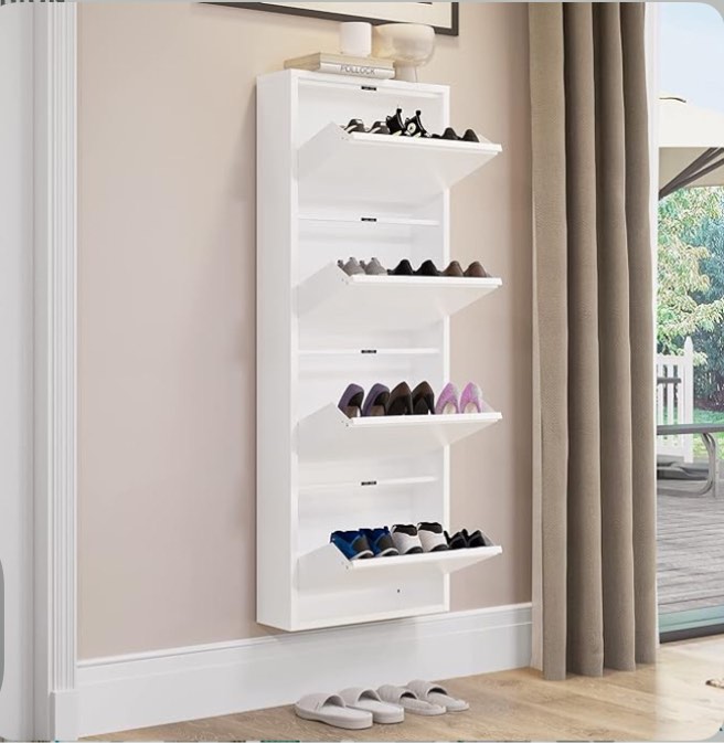 YITAHOME Metal Shoe Cabinet with 4 Flip Drawers, Wall Mounted & No-Assembly Steel Shoe Storage Cabinet, Steel Cabinet with Magnetic Gooseneck Drawer for Entryway, Hallway, White