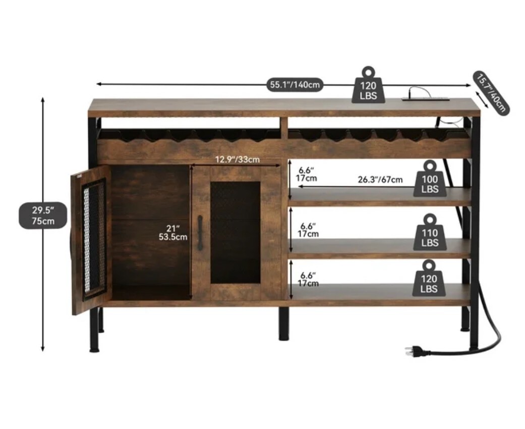 Dextrus 55" Industrial Coffee Bar Cabinet with Led Lights and Power Outlets, Liquor Cabinet w/Doors Wine Rack Storage Sideboard Buffet Cabinet Wine Cabinets for Home Dining Living Room