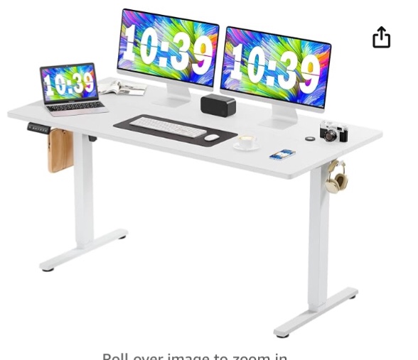 Electric Standing Desk - 63 x 24 inch Adjustable Height Sit to Stand Up Desk with Splice Board, Rising Home Office Computer Table with 2 Hook and Wire Hole for Work, Study or Gaming,Wood & Steel,White