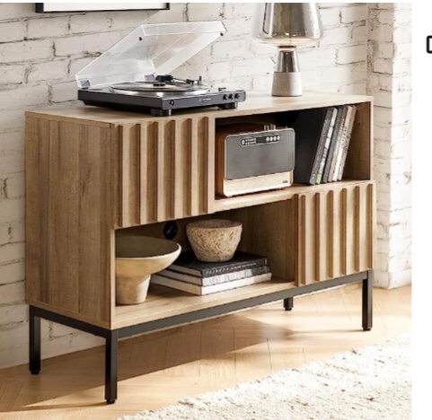 mopio Norwin Entryway Table, Modern Rustic Industrial Farmhouse Console Sofa Table, Display Shelf, Accent Cabinet, with Metal Legs, Soft Close Door, Storage Shelves, & Leveler, for Living Room, Oak