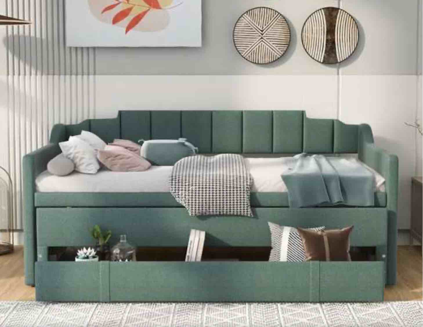 Upholstered Daybed With Trundle, Twin Size Bed Frame With 3 Storrage Drawers Or Boys Girls Bedroom (Green)(incomplete box 1 of 2 )