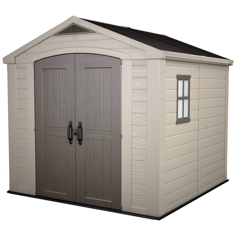 Keter Factor 8x8 ft. Resin Outdoor Storage Shed With Floor for Patio Furniture and Tools, Brown (Part number: 213563)(incomplete box 2 of 2 )