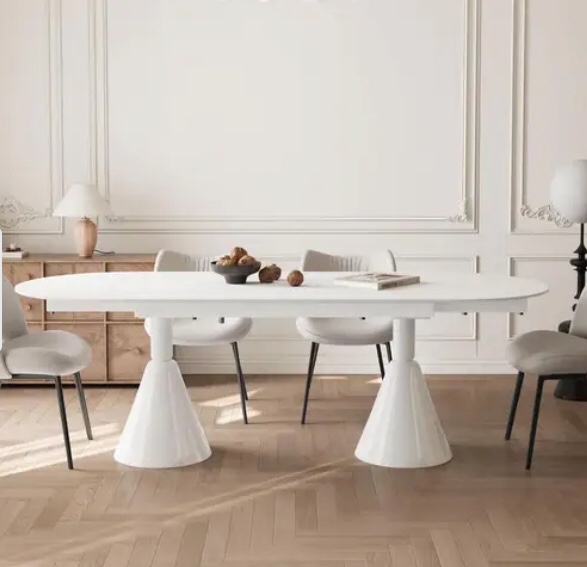 94.4" Extendable White Fire Burnt Stone Dining Table - 94.4"Lx35.4"Wx29.5"H(incomplete 1 base only  )