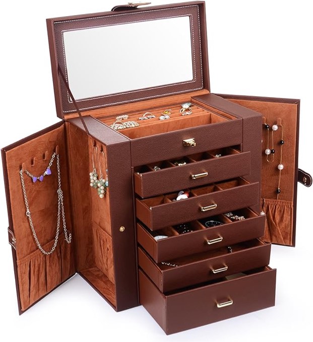 Kendal Extra Large Jewelry Box Jewelry Case PU Leather 6 Tier 5 Drawers Large Storage Capacity with Mirror Jewelry Storage Organizer Great Gift Also Good For Watches LJC-SHD5BN (Brown)
