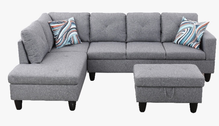 Starhome L Shaped Gray Couch with Ottoman(Pillows Included) Microfiber,INCOMPLETE