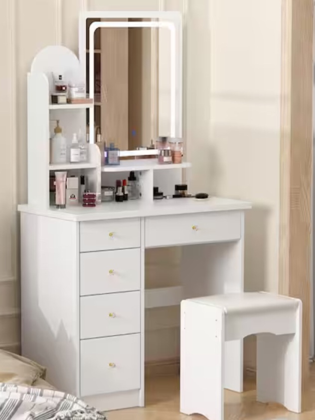 5-Drawers White Makeup Vanity Sets Dressing Table Sets With Stool, Mirror, LED Light and 3-Tier Storage Shelves INCOMPLETE,