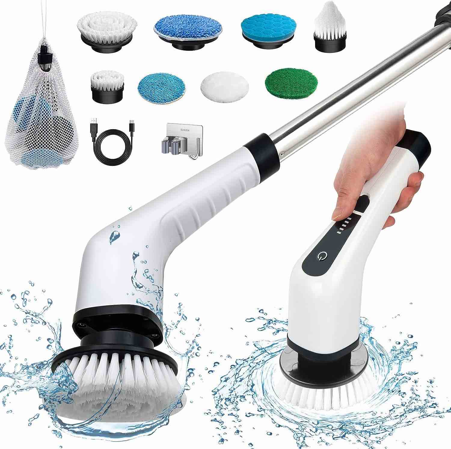ZGJMLai Electric Spin Scrub Brush Kit Head with Long  Handle Grey 