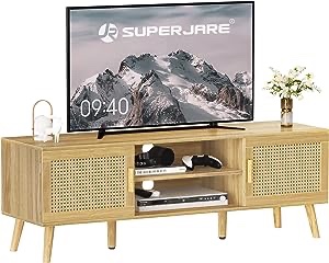 SUPERJARE Boho TV Stand for 55 Inch TV, Entertainment Center with Adjustable Shelf, Rattan TV Console with 2 Cabinets, Media Console, Solid Wood Feet, 4 Cord Holes, for Living Room - Natural