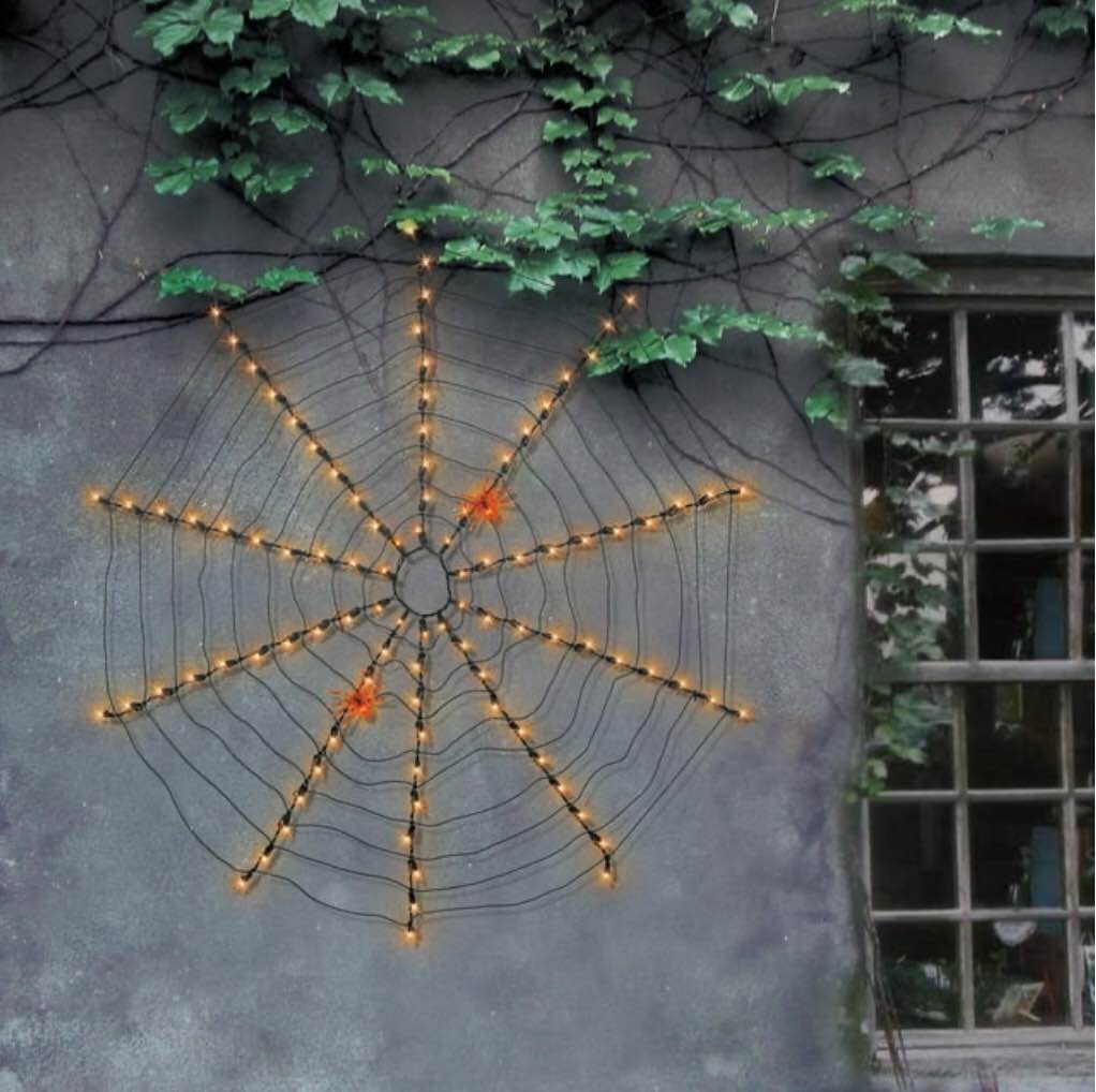 Way to Celebrate Halloween 100-Count Indoor Outdoor Ceramic Orange Mini Light Spider Web Light Set, with 2 Spider Reflectors, 120 Volts