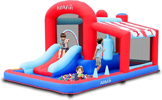 AirMyFun Inflatable Bounce House with Slide, Jumping Castle with Blower,Children Outdoor Playhouse with Jumping Ball Pit&Basketball Hoop&Target Balls