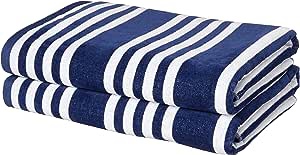 Amazon Basics Oversized Premium Cotton Beach Towel - Bold Stripe - White/Navy, 36" x 72", 2-Pack