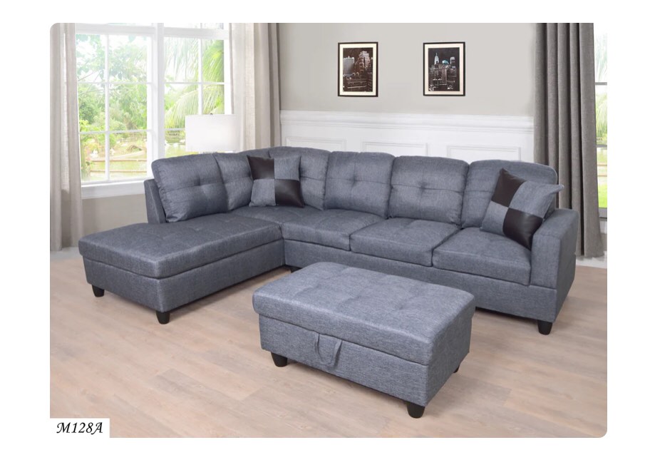 (incomplete Box 1 of 3) MEGA Furnishing 3 PC Sectional Sofa Set, Gray Linen Lift -Facing Chaise with Free Storage Ottoman