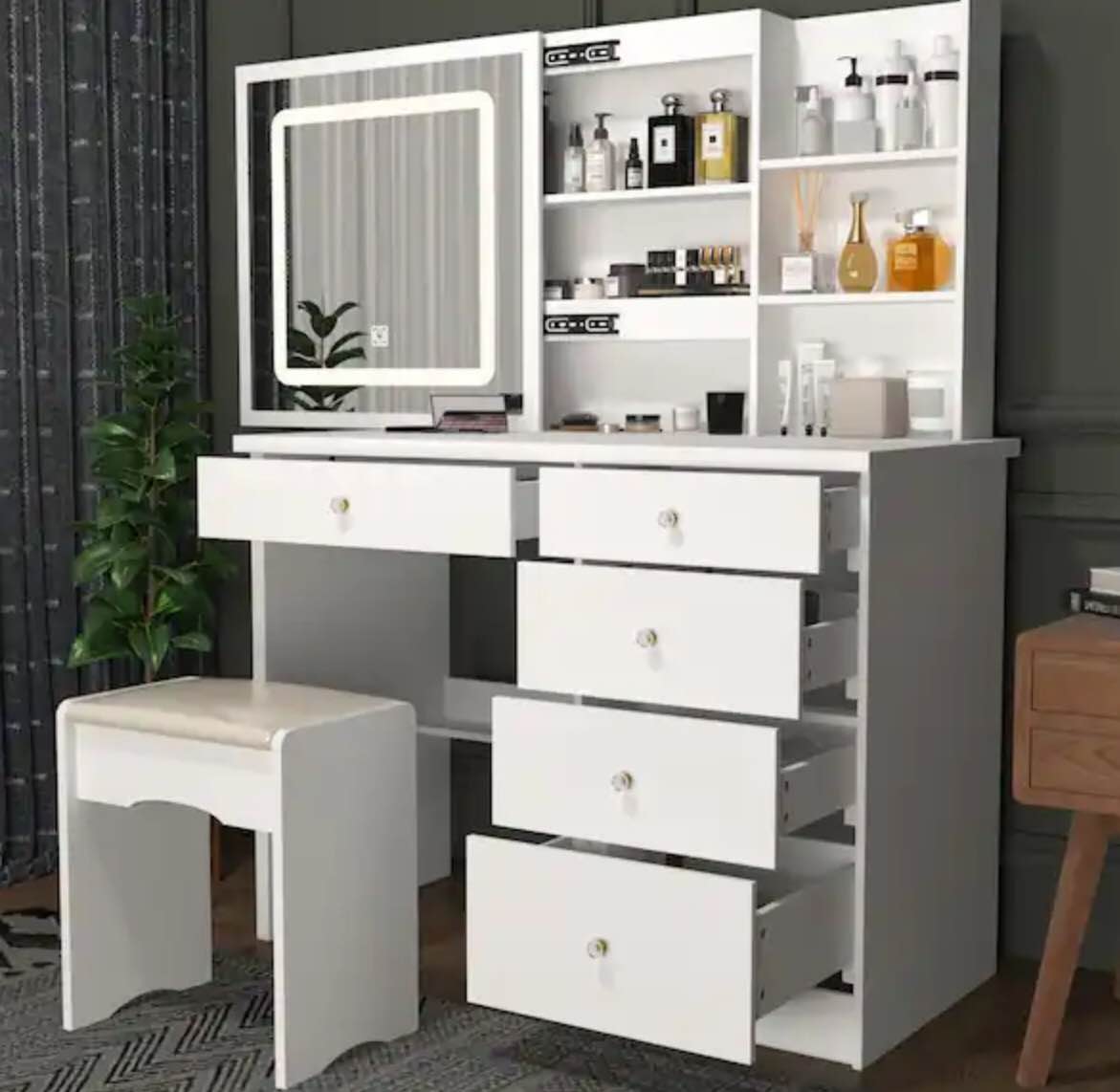 5-Drawers White Wood LED Push-Pull Mirror Makeup Vanity Sets Dressing Table Sets with Stool and 3-Tier Storage Shelves(Incomplete Box 1)
