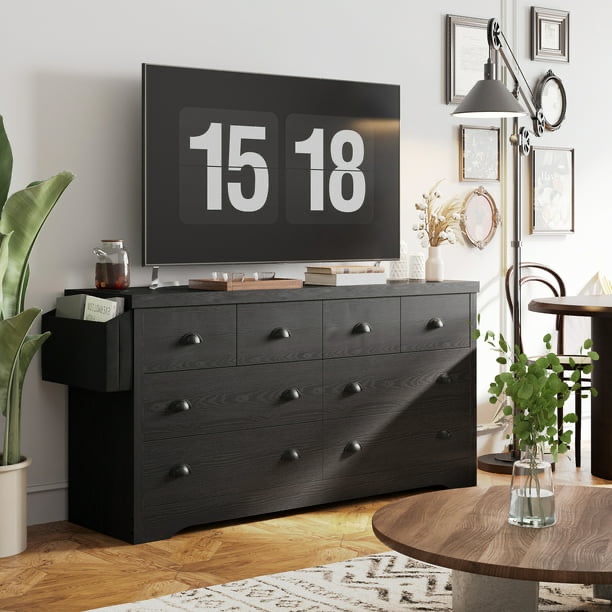 LIKIMIO 8 DrawerDresser with Charging Station and Storage Bag for Bedroom,Modern Wood Style,Black