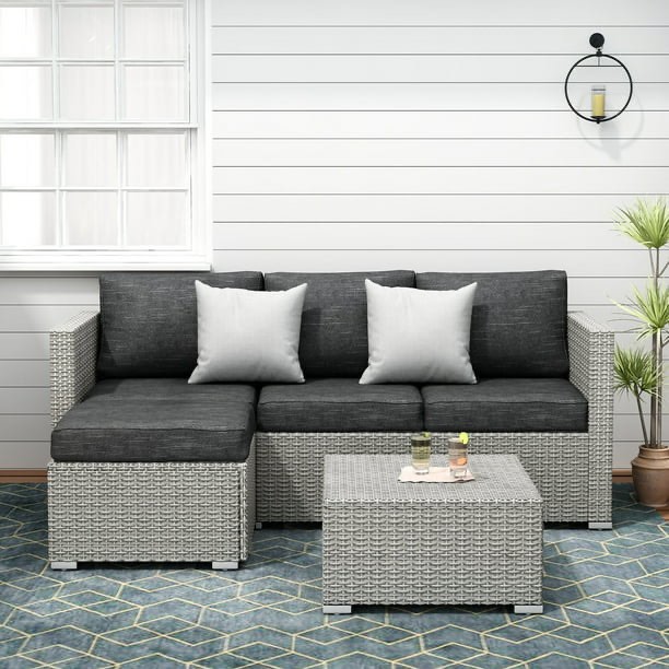 KDS3AUBB-B Cushioned All-weather Wicker 3-piece Patio Sectional Chat Set Black(similar to stock-diff color)