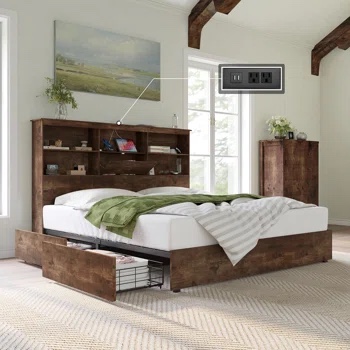 Huftalen Bed Frame Wooden Platform Bed With Storage Bookcase Headboard(Incomplete Box 1/2)