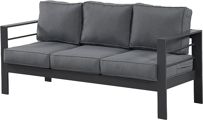 Wisteria Lane Patio Furniture Aluminum Sofa, All-Weather Outdoor 3 Seats Couch, Gray Metal Chair with Dark Grey Cushions (Incomplete)