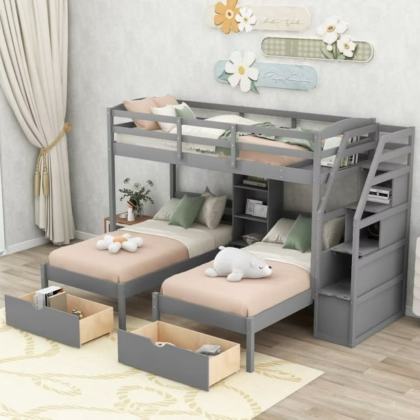 Twin over Twin&Twin Bunk Bed with Drawers and Shelves, Triple Bunk Bed with Built-in Staircase and Guardrails for Family Kids Teens Adults, Gray (Incomplete Box 2/3)