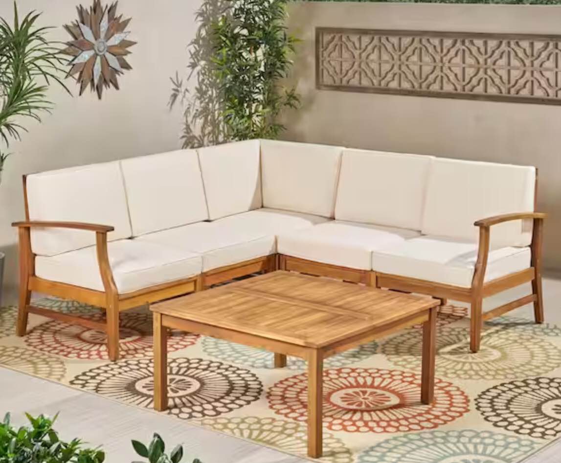 Perla Teak Finish 6-Piece Wood Outdoor Sectional with Cream Cushions (Incomplete-1 corner only)