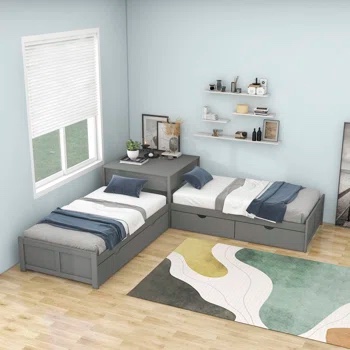 Twin Size L-Shaped Platform Bed with Trundle and Two Drawers (Incomplete Box 3/3)
