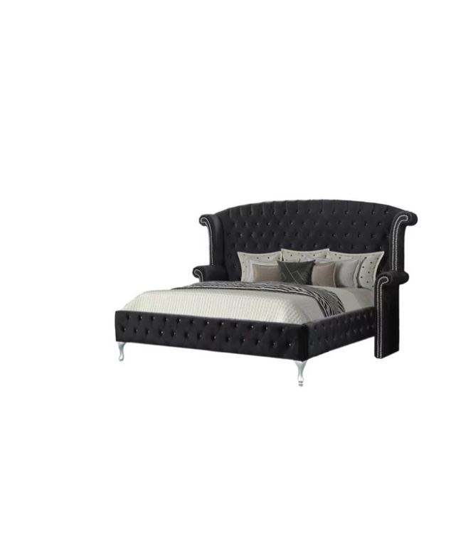 Best Master Furniture B1981 Eastern King Bed - Black Emma Black Crushed Velvet With Crystal-Like Studs King Size Bed (Incomplete) box 1/3 only 
