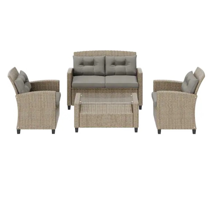 Armitage 4-Piece Wicker Outdoor Patio Conversation Set with Tan Cushions (Incomplete) box 1/2 only 