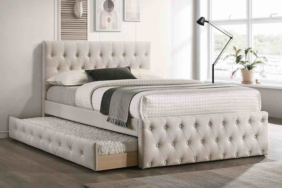 FULL BED W/TRUNDLE-LIGHT BROWN BURLAP (incomplete, headboard and footboard only)