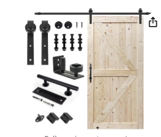 S&Z® 42 in. x 84 in. Unfinished British Brace Knotty Barn Door with 8FT Sliding Door Hardware Kit/Solid Wood/Sliding Door/Double Surfaces/A Simple Assembly is Required (42, Door+J Shape)
