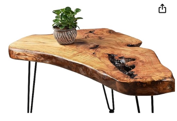 Hurrikom Natural Wood Coffee Table, Natural Wood Edge Contemporary Cocktail Table, Wood Tea Tables for Living Room with Metal Hairpin Legs,Wooden Flower Pot Holder