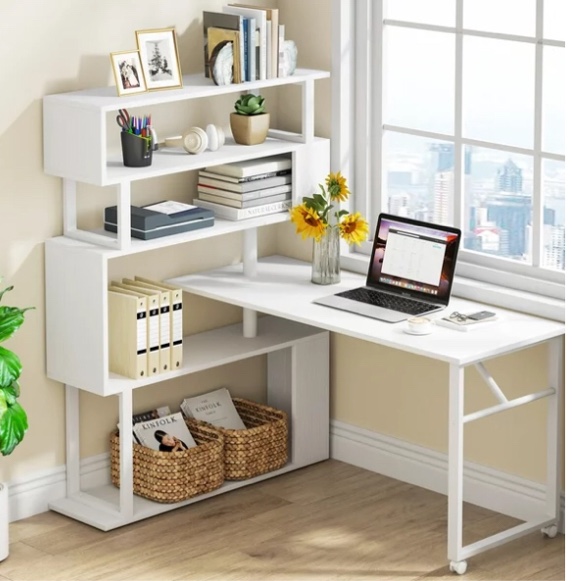 TribeSigns Rotating Computer Desk with 5 Shelves Bookshelf, Vintage Rustic L-Shaped Corner Desk with Storage, Reversible Office Desk Study Table Writing Desk on Wheels for Home Office