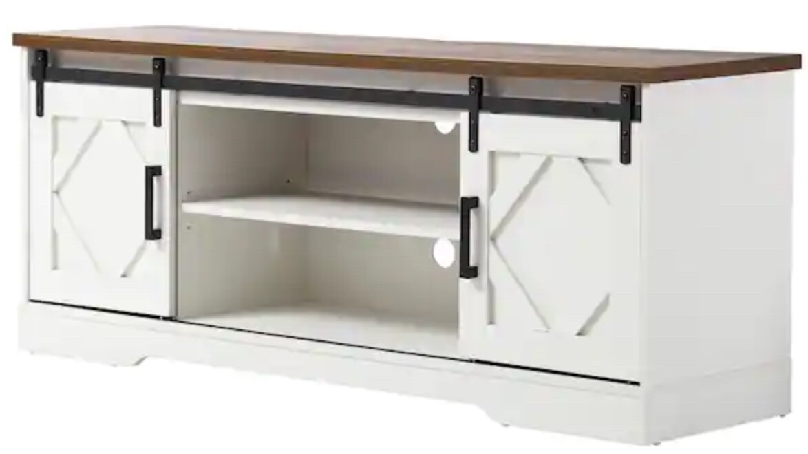 Louis XVI Series 59 in. White Farmhouse Sliding Barn Door TV Stand Fits TV's up to 65 in. with Adjustable Shelf
