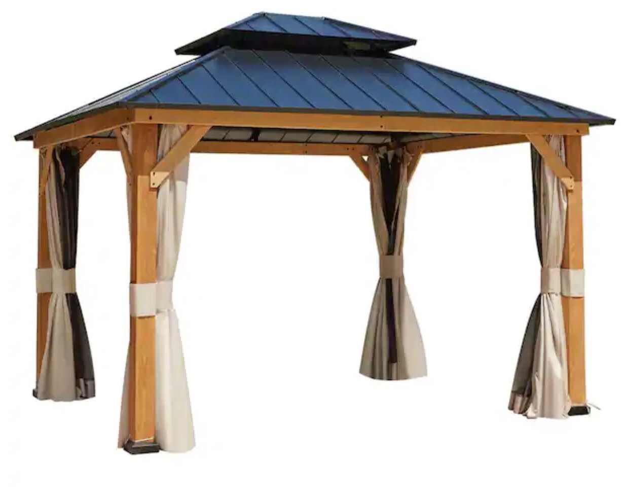 11 ft. x 13 ft. Hardtop Gazebo, Outdoor Cedar Wood Gazebo with Privacy Curtains and Mosquito Netting( incomplete)
