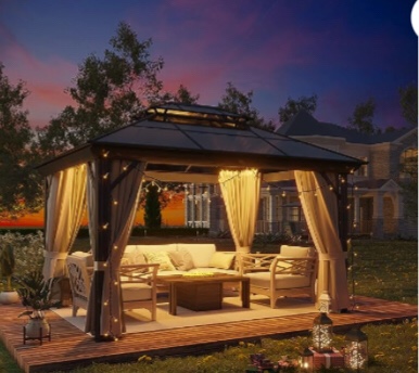 GAZEBEST 10' X 13' Permanent Hardtop Gazebo, Outdoor Polycarbonate Double Roof Pavilion Pergola Canopy with Aluminum Frame and Privacy Curtains for Patio, Garden, Backyard, Lawn( incomplete box 1/2)