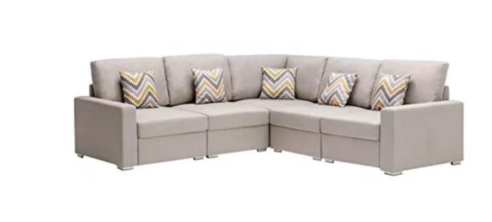 Nolan Beige Linen Fabric 5Pc Reversible Sectional Sofa with Pillows and Interchangeable Legs( incomplete box a)