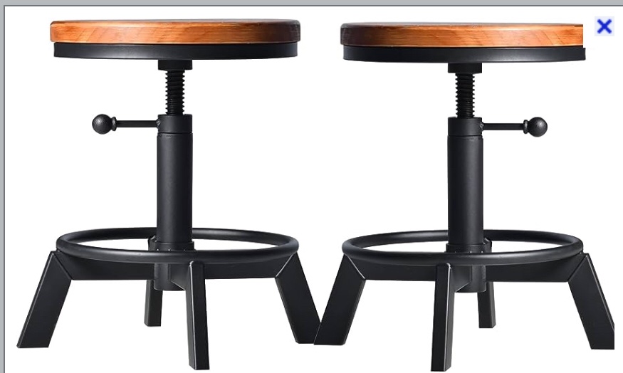 BOKKOLIK Set of 2 Industrial Bar Stools Short Stool Swivel Wooden Seat Kitchen Island Chairs Counter Height Adjustable 15.2-21inch