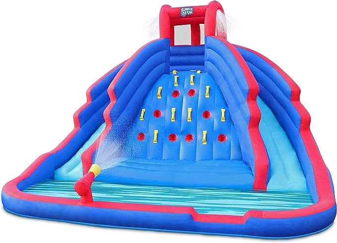 SUNNY & FUN Ultra Climber Inflatable Water Slide Park – Heavy-Duty for Outdoor Fun - Climbing Wall, Two Slides & Splash Pool – Easy to Set Up & Inflate with Included Air Pump & Carrying Case