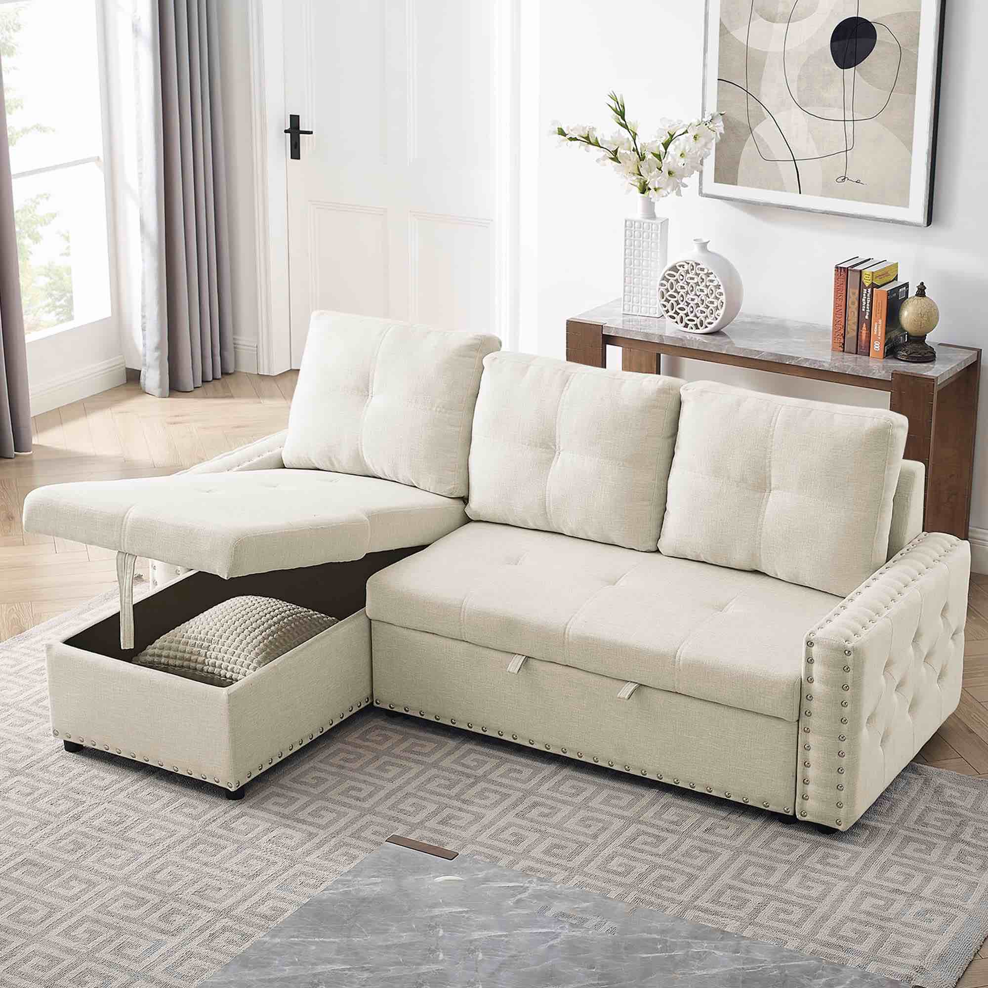 Legendstone Sectional Sofa with Pulled Out Bed, 2 Seats L-Shape Sofa Sleeper Couch with Storage, Reversible Chaise Lounge for Living Room and Apartments, Beige 85" x 56.5" x 35"( incomplete box 1/3)
