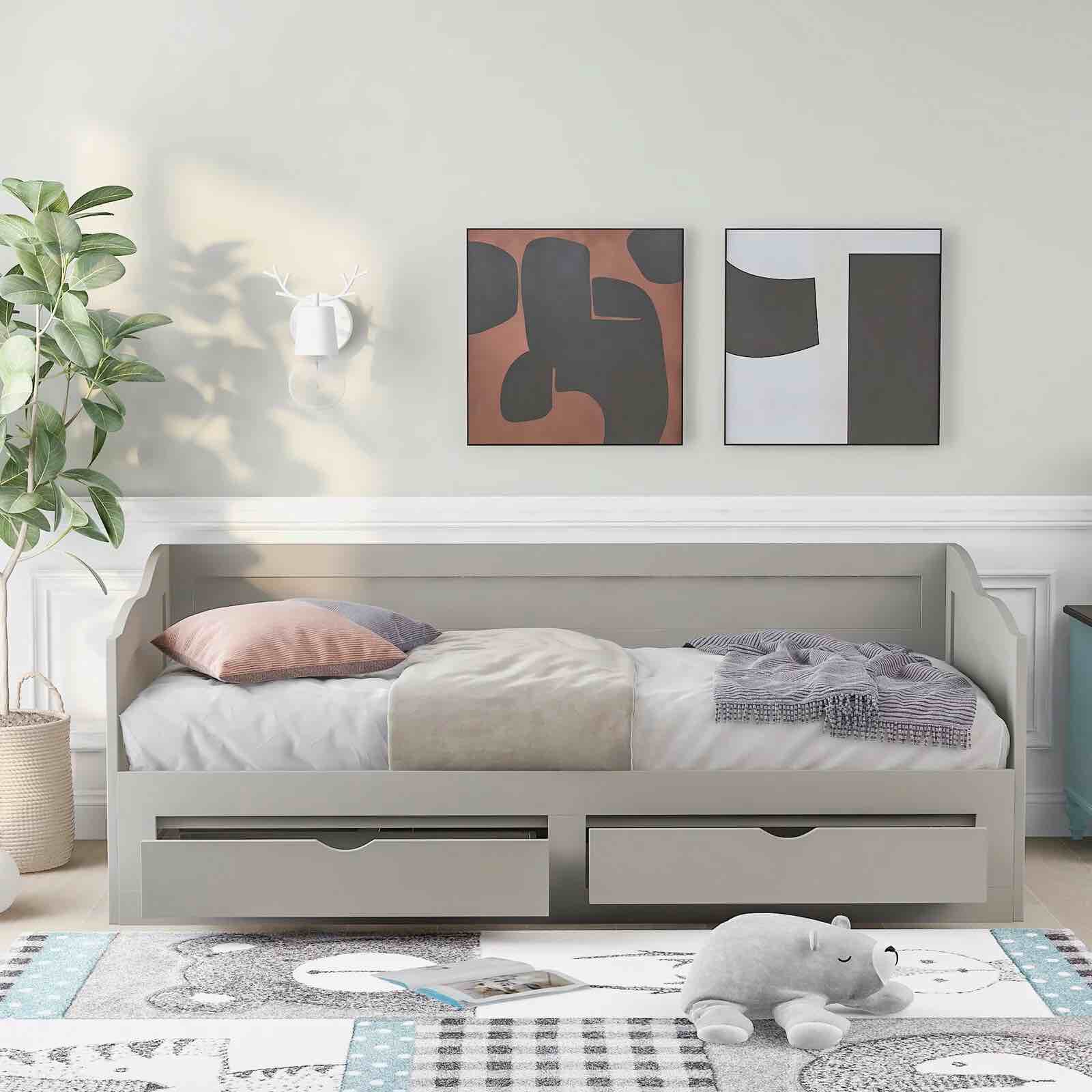 OVERDRIVE Wooden Daybed with Trundle Bed and Two Storage Drawers, Extendable Bed Daybed, Sofa Bed with Two Drawers, Gray (incomplete, box 2 of 2 only)