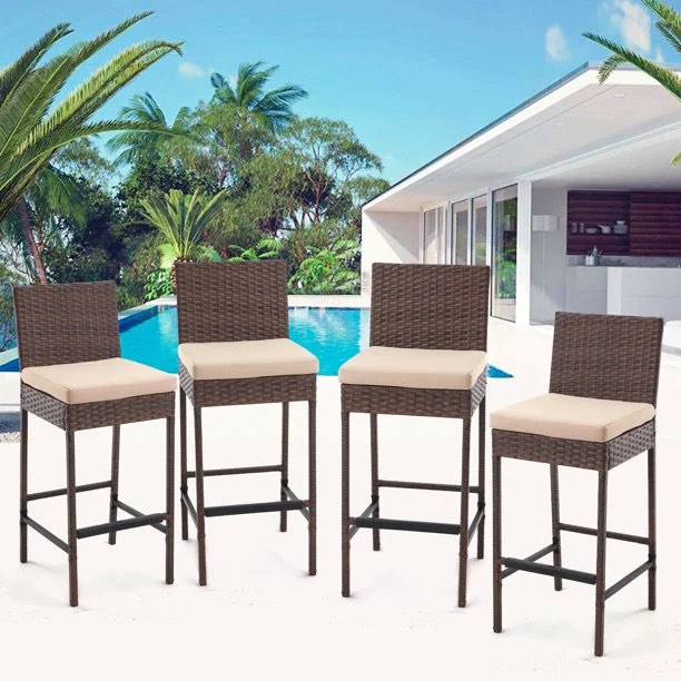 AVAWING Wicker Bar Height Chairs Set of 4, Patio Rattan Bar Stools Counter Height with Cushion (similar to stock image, incomplete)