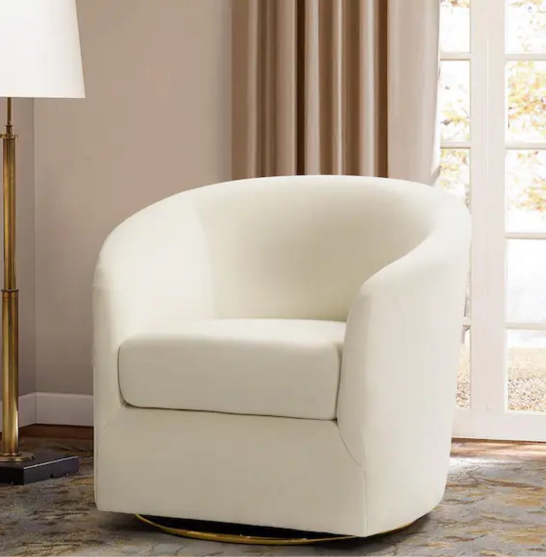 JAYDEN CREATION Estefan Ivory Comfy Swivel Barrel Chair with Metal Base