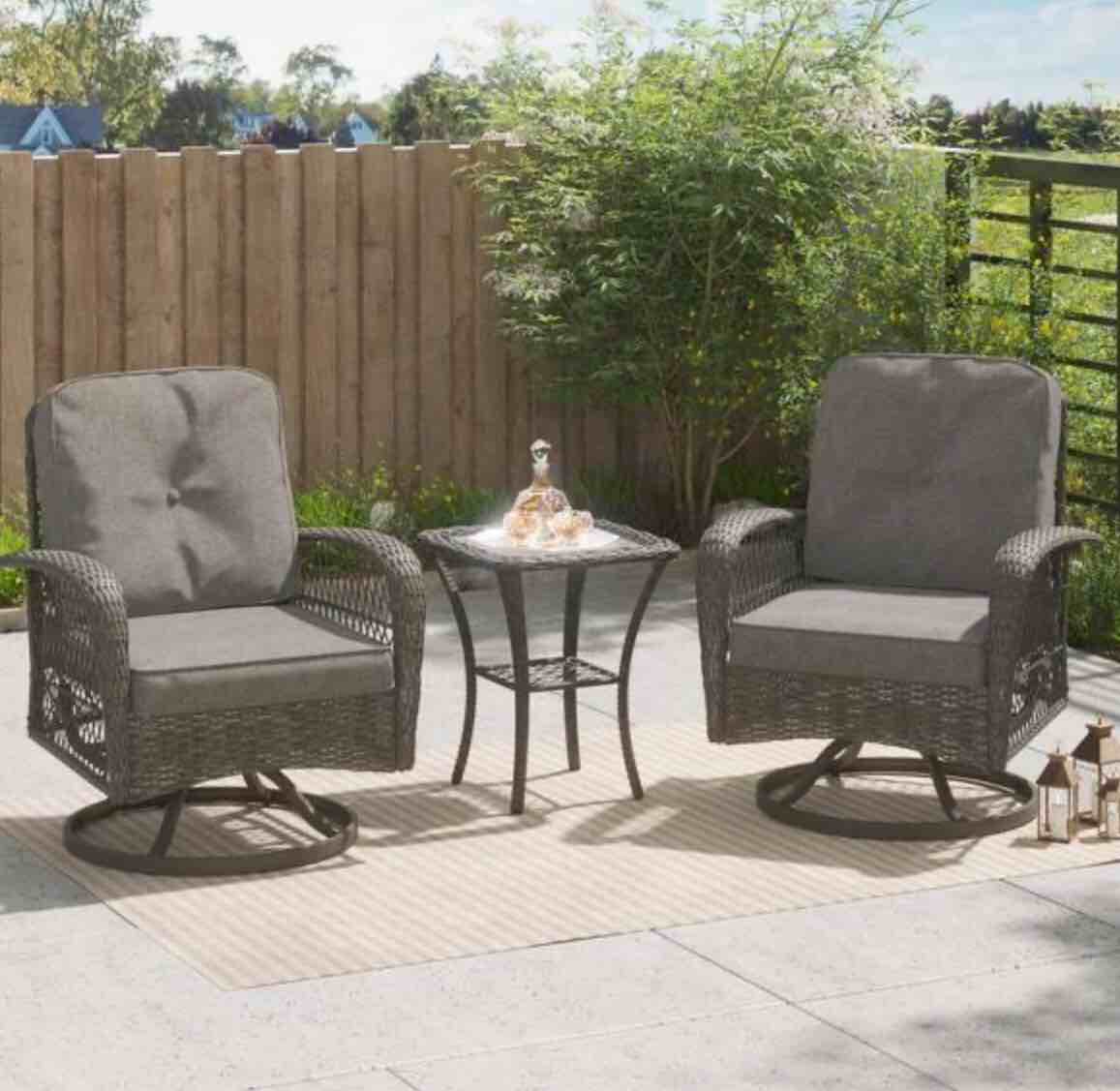 CORVUS Livorna Gray 3-piece Steel Wicker Patio Swivel Chair Set with Dark Gray Cushions