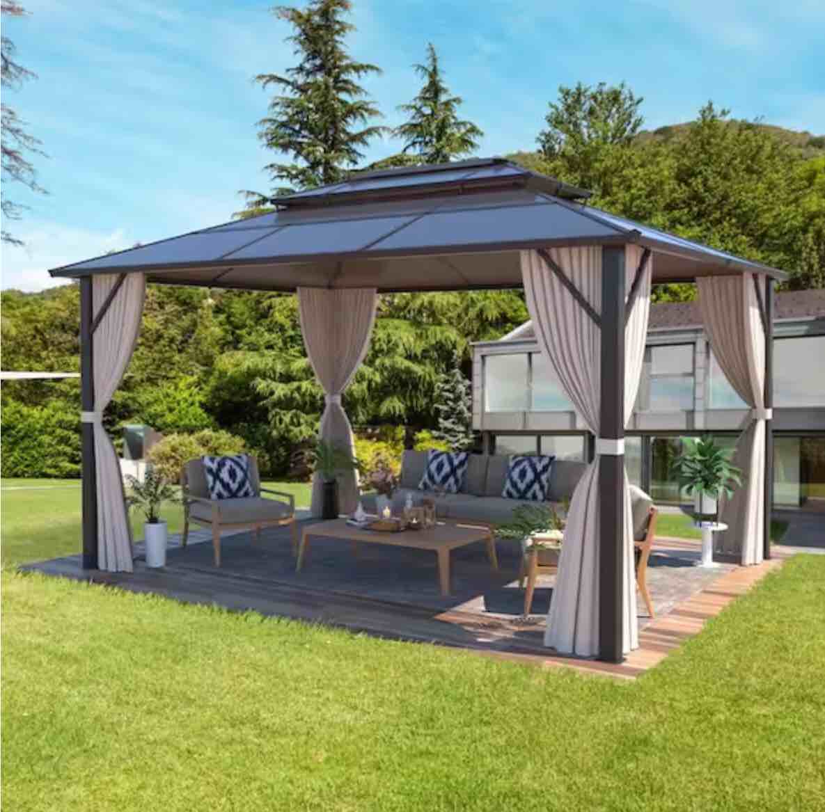 10 ft. x 13 ft. Aluminum Black Furniture Pergolas with Netting and Curtains for Garden, Patio, Lawns, Parties (incomplete) (box 2 of 2 only)