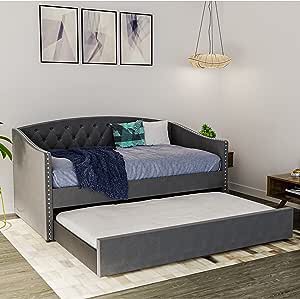 DG Casa SUVA Traditional Upholstered Daybed with Trundle Platform Bed Frame with Diamond Button Tufting Nailhead Trim and Full Wooden Slats, Box Spring not Required - Twin Size Day Bed in Gray Fabric(incomplete box 2/2)