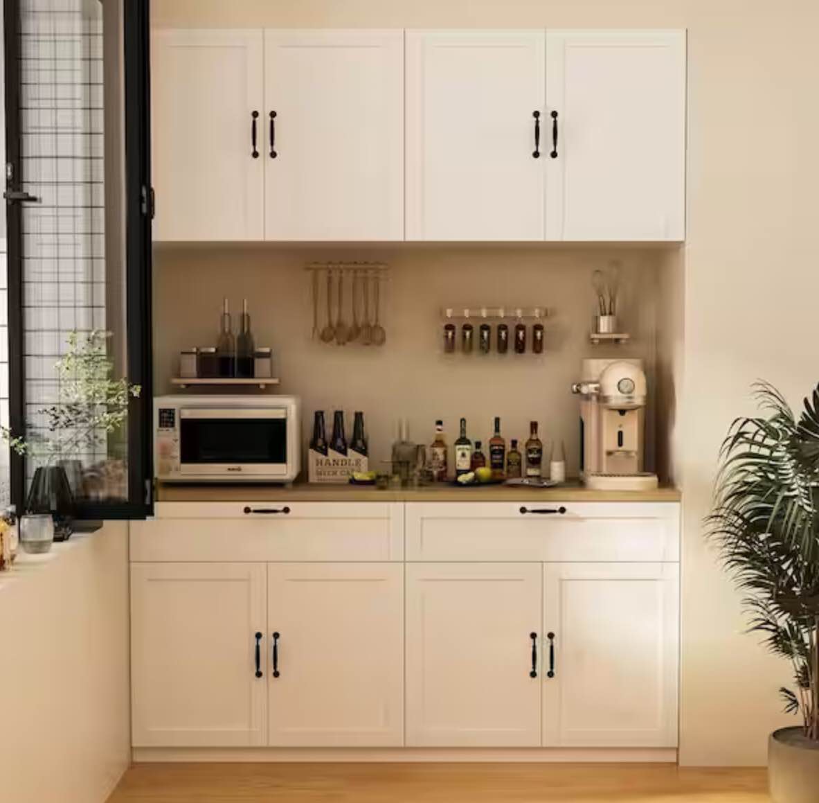White Wooden 63 in. Width Food Pantry, Sideboard, Pantry Cabinet, with Wall Mounted Kitchen Cabinet(Two Parts)(incomplete box 2/2)