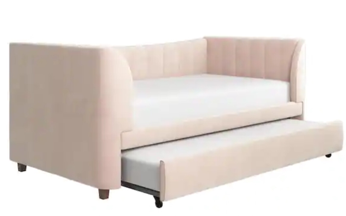  Little Seeds Valentina Pink Velvet Upholstered Twin Size Daybed with Trundle(incomplete box 1/2)