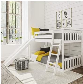Max & Lily Low Bunk Bed, Twin-Over-Twin Wood Bed Frame For Kids With Slide, White(Incomplete Box 2/2)